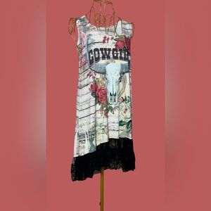 Liberty Wear Cowgirl Dress with Western Print, Sequins, & Lace Netted Hem Medium